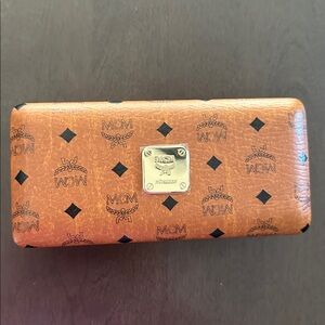 MCM Cognac Visetos Sunglass Case with Gold Emblem